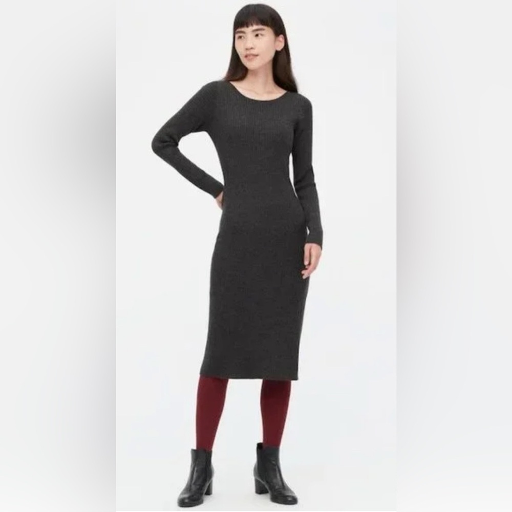 UNIQLO Women's Medium Dark‎ Gray 100% Wool Ribbed Long Sleeve Midi Sweater Dress